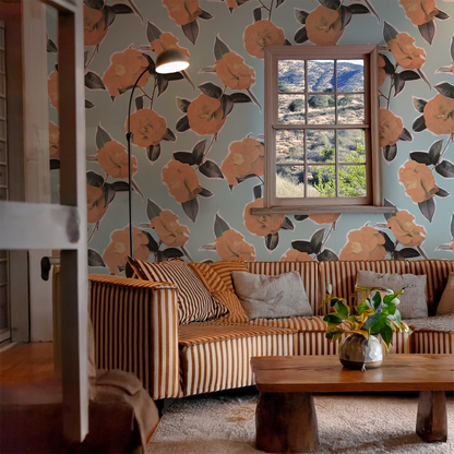 Camellia Wallpaper, light blue