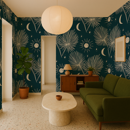 Night Palm Wallpaper, navy and white