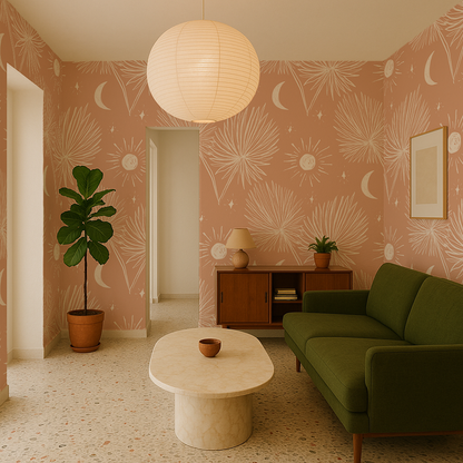 Night Palm Wallpaper, terra cotta and white