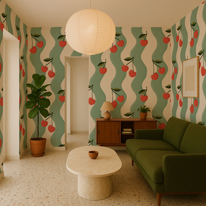 Wavy Cherry Wallpaper, white and teal