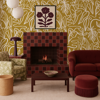 Inked Foliage Wallpaper, mustard and white