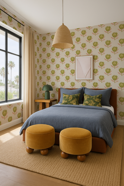 King Protea Wallpaper, tan and olive