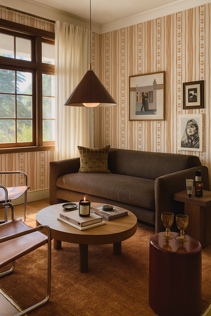 Daisy Chain Stripe Wallpaper, beige, apricot and orange
