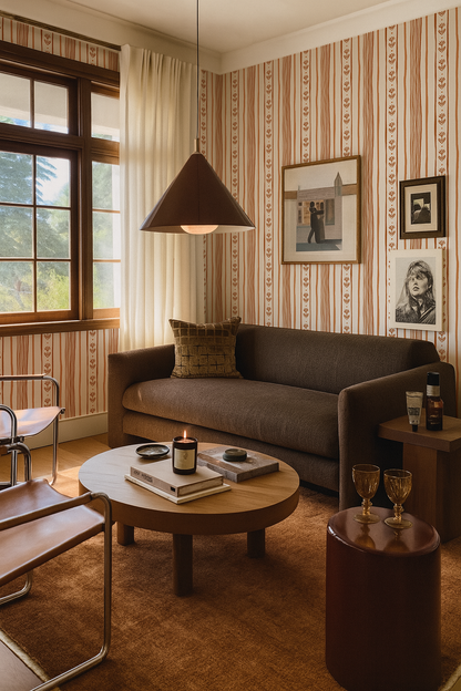 Daisy Chain Stripe Wallpaper, beige and terra cotta