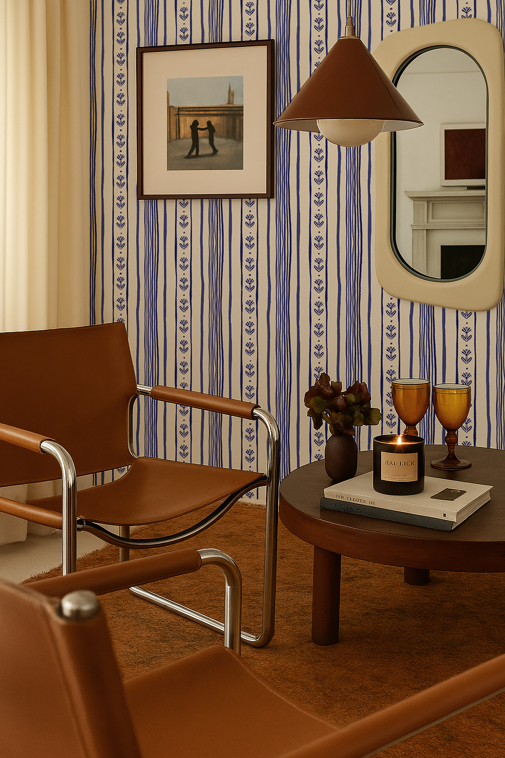 Daisy Chain Stripe Wallpaper, beige and blue