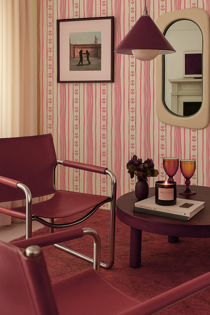 Daisy Chain Stripe Wallpaper, beige and pink