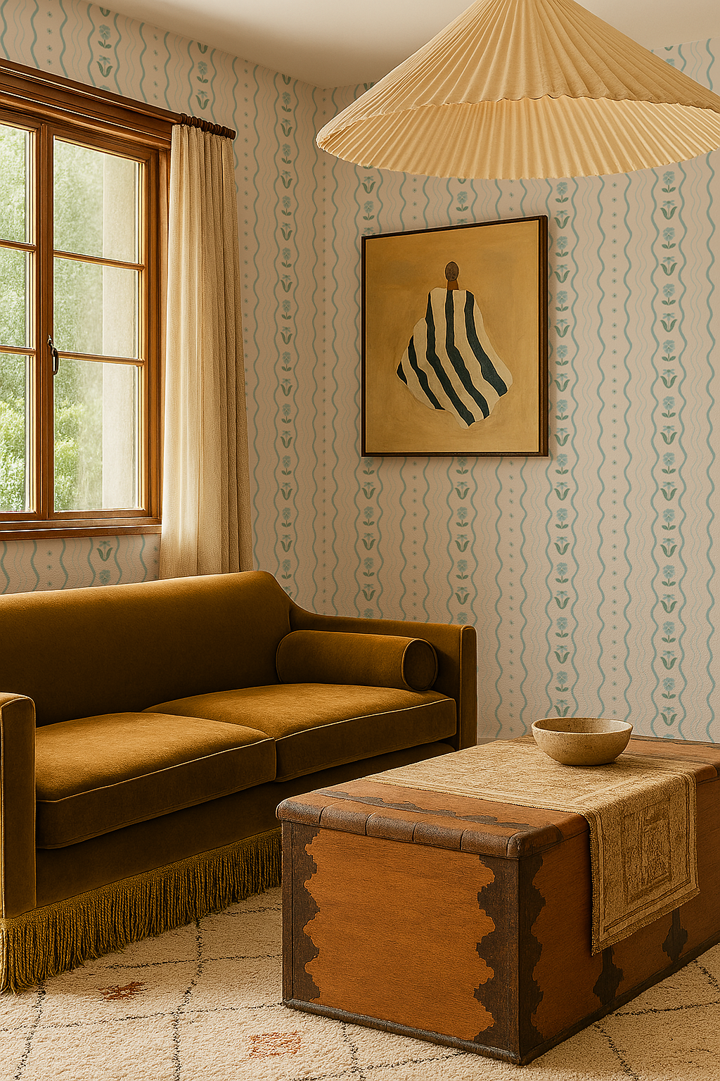 Posy Lane Stripe Wallpaper, beige and light blue