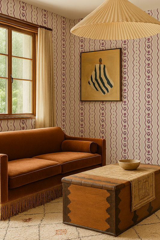 Posy Lane Stripe Wallpaper, beige and plum purple