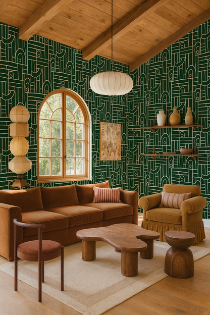 Deco Tile Wallpaper, green & white