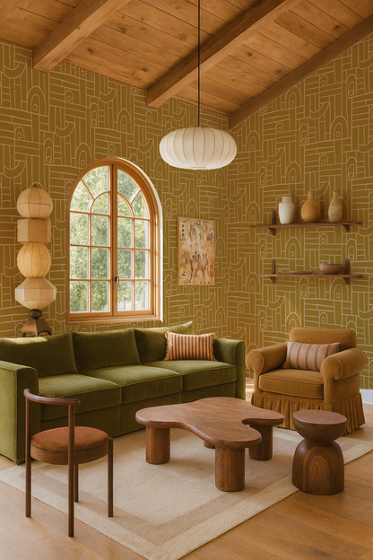 Deco Tile Wallpaper, mustard & peach