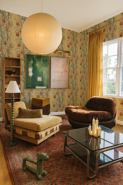 Campanas Wallpaper, butter yellow & slate blue