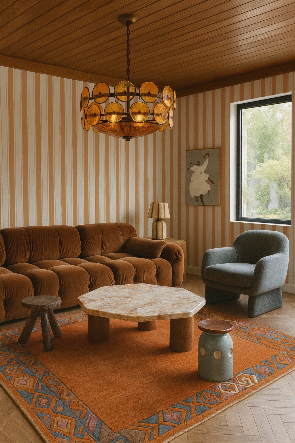 Riviera Stripe Wallpaper, off-white and orange creamsicle