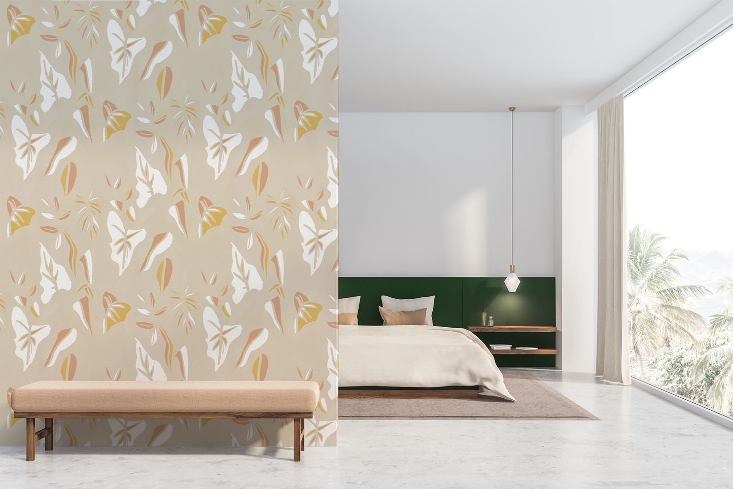 Block Print Foliage Wallpaper, tan and peach