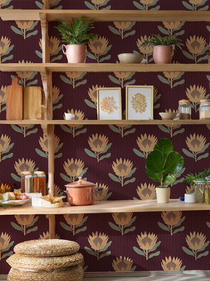 King Protea Wallpaper, dark plum and butter yellow