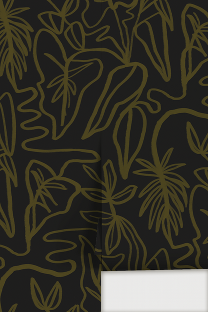 Inked Foliage Wallpaper, black & olive green