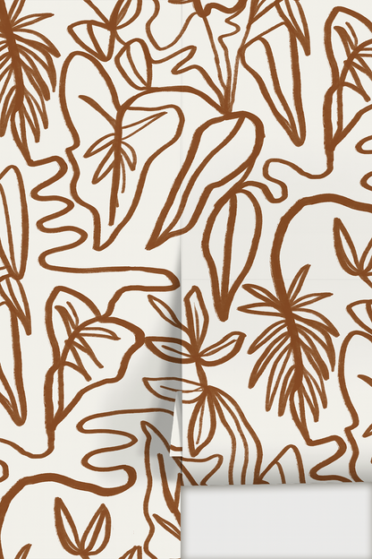 Inked Foliage Wallpaper, white and rust