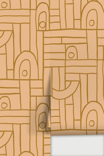 Deco Tile Wallpaper, peach and mustard